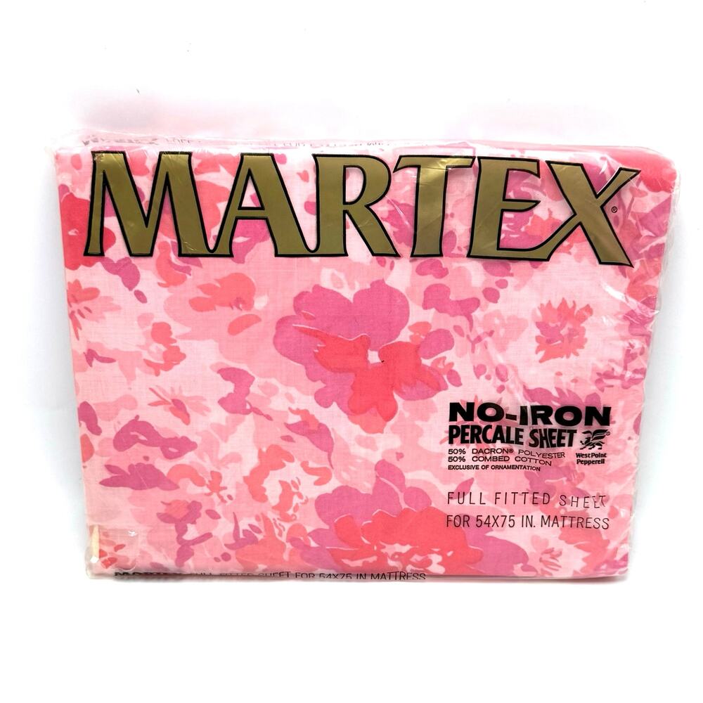 Vintage Martex Pink Floral Full Fitted Bottom Sheet No Iron Percale Made in USA
